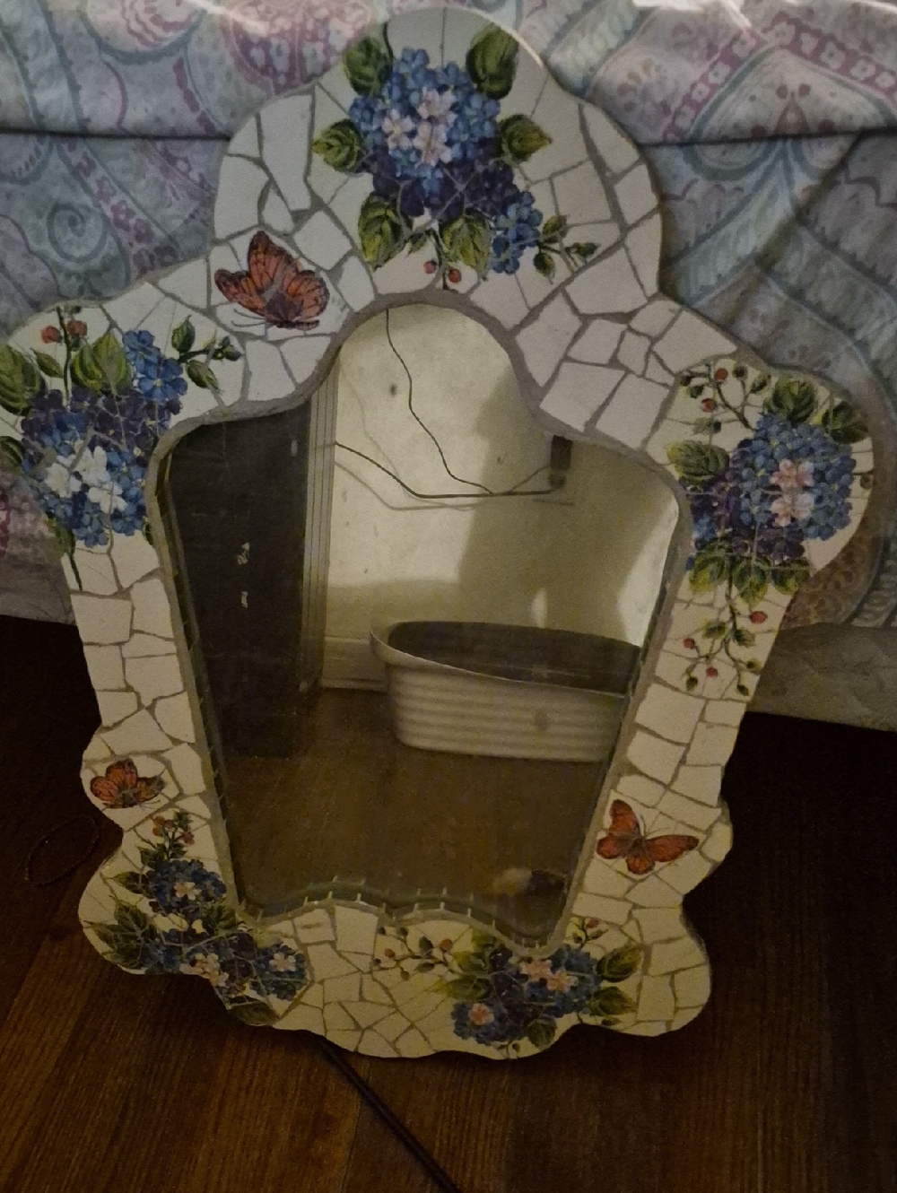 Handmade Mosaic Floral Mirror with Blue Hydrangeas and Butterflies